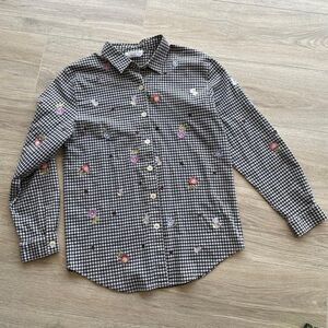 Black & White Checkered Shirt Embroidered Flowers & Lady Bugs Women's Small READ